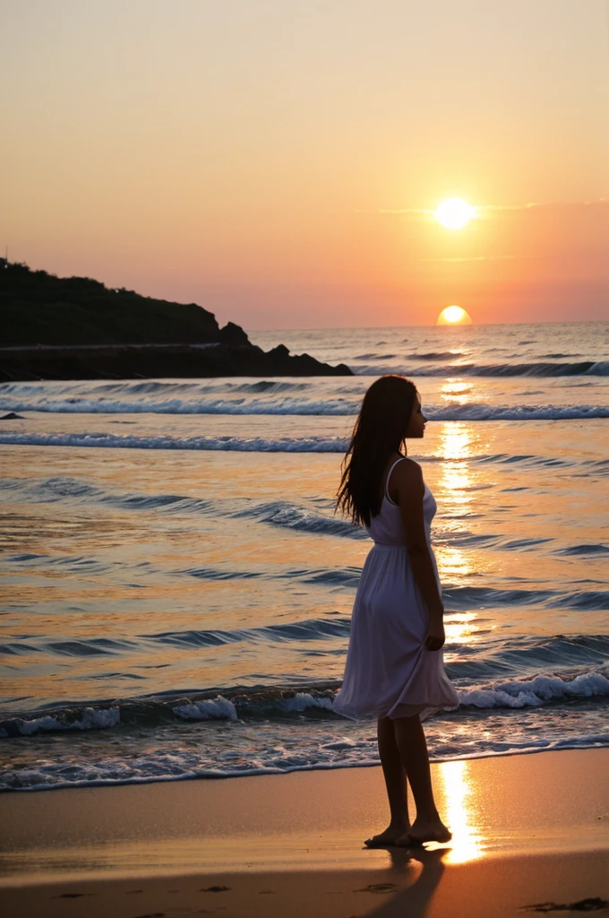 scenery of a beach on sunset with girl standing on the shore