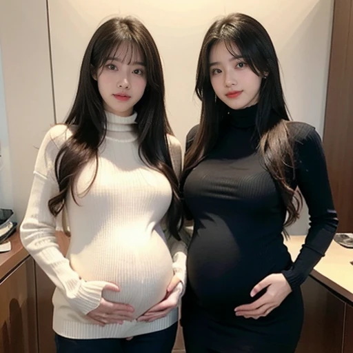 2 women,Mom and mother-in-law,35 years old,人妻 怀pregnant woman,pregnant,pregnant,怀着双胞胎的pregnant with twins,10 months pregnant,Pretty Face,Sexy body,Long hair,Wearing a black turtleneck sweater