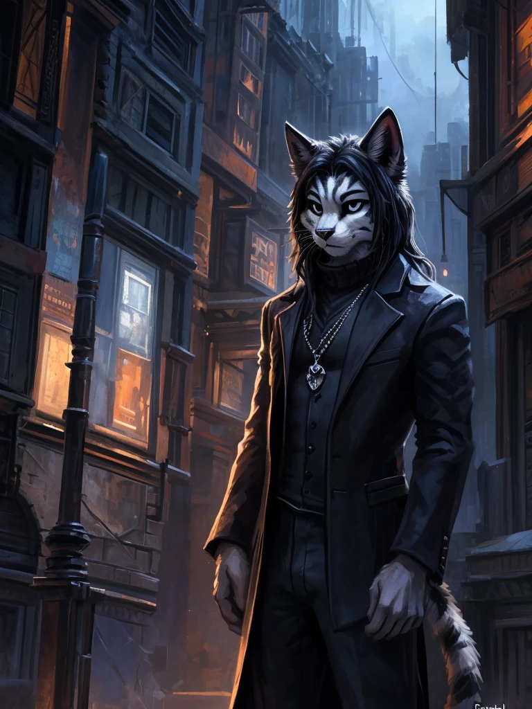  kenket, Ross Tran, ruan jia, trending on artstation, foxovh, Male, (Male anthro cat:1.3), (Black fur with white fur patterns:1.1), (standing:1.3), (Foggy dark city:1.23), (Blank expression:1.3), detailed eyes, black nose, (detailed eyes), (sharp white eyes), detailed background, 8k hd, (dark shadows, wide dynamic range, hdr, cinematic lighting:1.2), ((Close-up)), (Lean physique), slight black eyeshadow, (Long wavy black hair), (black long coat, black turtleneck, silver necklace, black dress pants), 