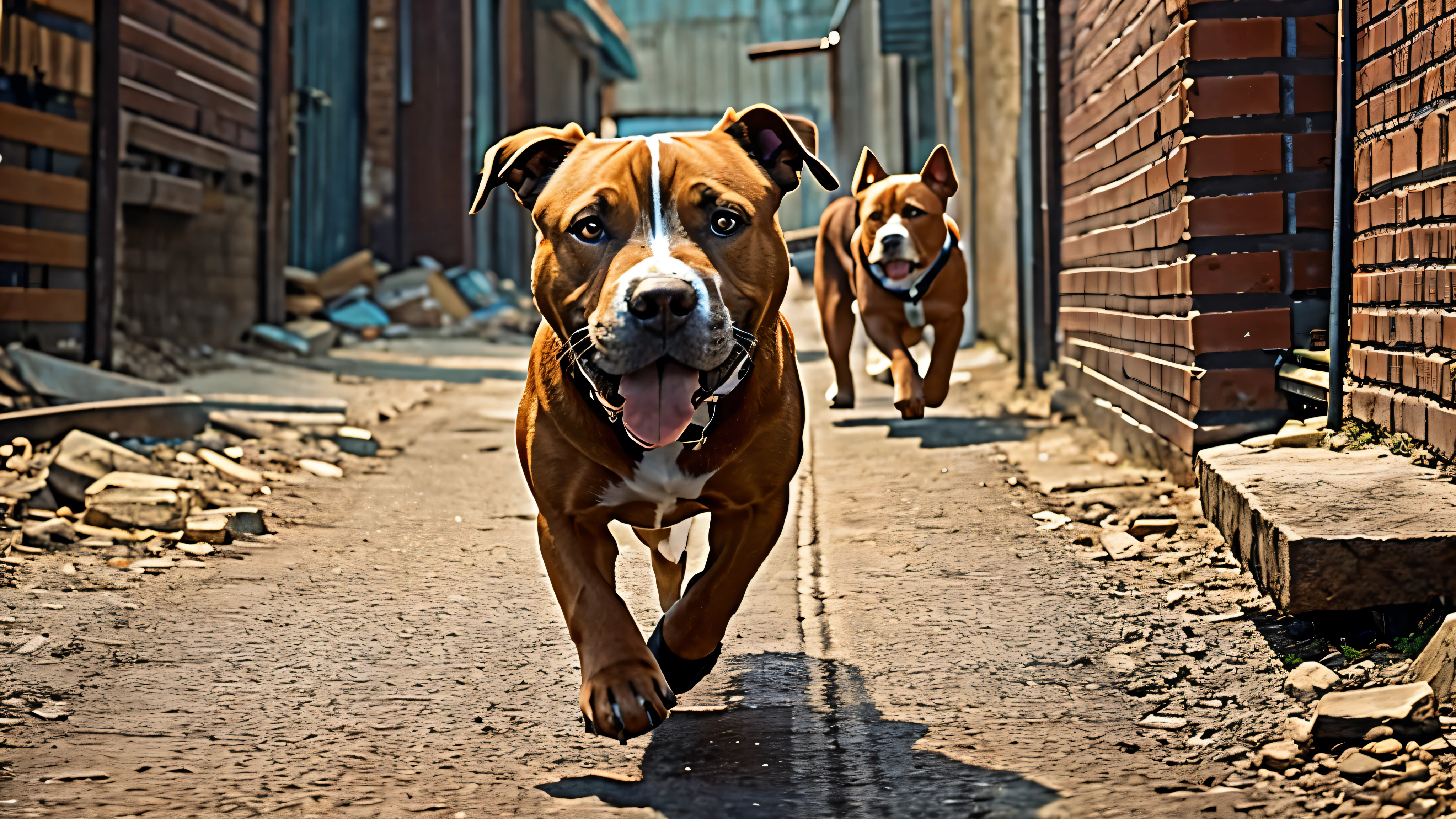 1970s, barking "pitbull terriers" running down a back alley, cinematic action, atmospheric perspective, depth of field, textured skin, super detail,
