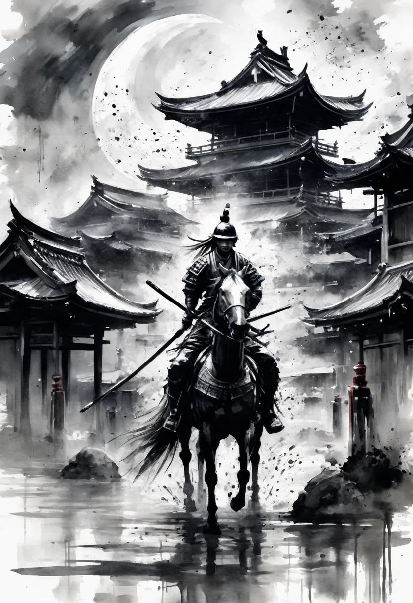 Black and white painting,Ink Painting,Draw a crescent moon with brush splashes,japanese spear,(samurai armor),Warrior,Armored horse,horse riding,Torii gate in the background,