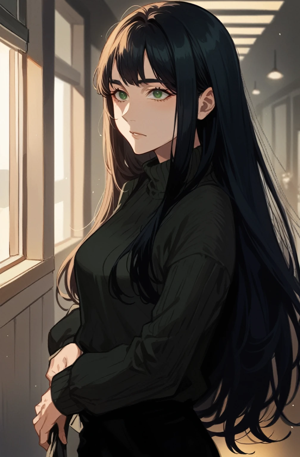 work of art、maximum quality、high resolution、high-quality images、8K, anime girl, standing alone, blackquality hair, long hair, winter clothing, gorgeous green eyes, well drawn eyes, long black pants, blusa de algodão preta de manga comprida com styled risca estofado, tall woman, period clothes, thick blouse with high neck, blouse over pants very straight hair, very green eyes, Good clothes, Men&#39;styled, voluptuous body, medieval fantasy, recatada, long clothing, black backdrop, delimiter in the eyes