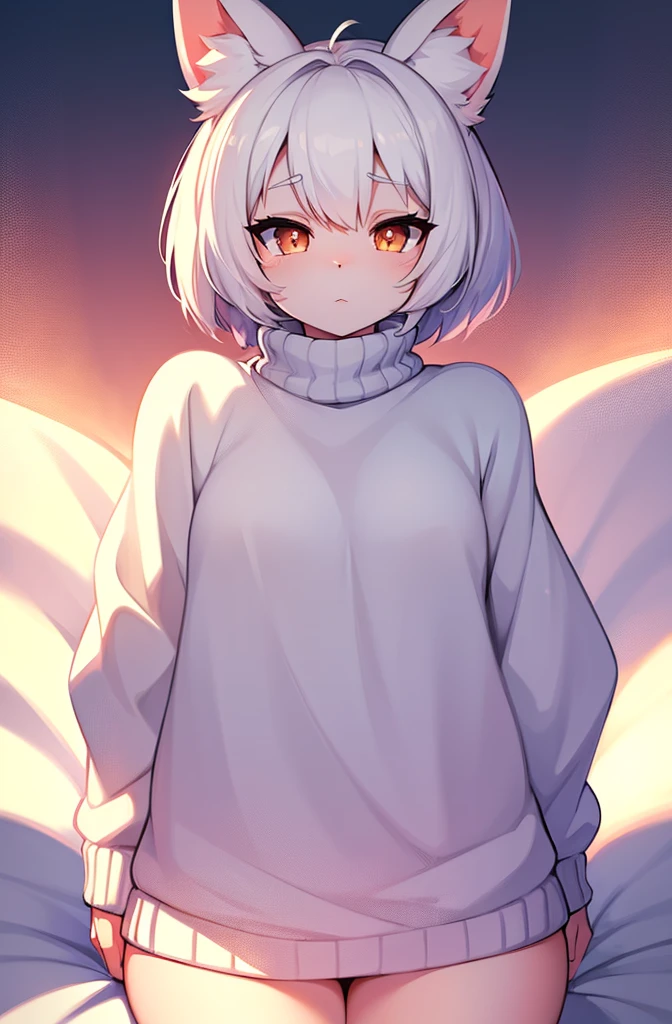 female, short, short white hair, white eyes. dynamic art, oversized sweater, furry bunny, 4k, bed background