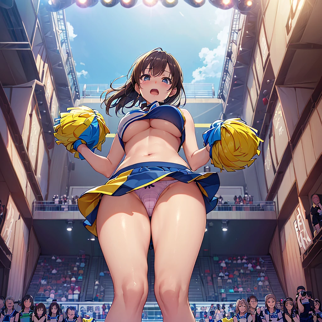 ((masutepiece、Highest quality、High resolution、nffsw、Perfect Pixel、4K、nffsw、nffsw)))、1 person、single、((solo:1.5))、Beauty、Full body view、Cheerleader、((Smooth texture:0.75、Realistic texture:0.65、Realistic:1.1、Anime CG Style))、(1 personのCheerleaderが屋外ステージに膝を着いて足を大きく広げている:2.0)、((Symmetrical eyes:2.0、Brown eyes、Slanted Eyes、Long eyelashes、Beautiful eyelashes、Realistic eyes、make))、 ((Detailed face、blush:2.5、I hate it:1.5、Are crying:1.0、Screaming:1.0))、 (Big breasts and sexy figure:1.2)、 Brown Hair、Shoulder-length hair、((Cheerleader衣装、Wearing a bikini top.0、Wearing a normal length skirt.0))、((View from below the stage:1.5))、((There are a lot of photographers around taking pictures.:1.5))、Focus on panties:1.5、Her skirt is rolled up and her panties are exposed:1.0、(Panties are completely exposed:1.5)、(Wearing wide panties:1.3)、(Wearing cute panties:1.3)、Wearing sneakers、((Large crowd:1.5))、Sunny daytime