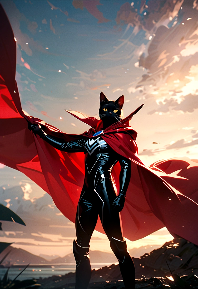 A happy cat wearing a superhero cape