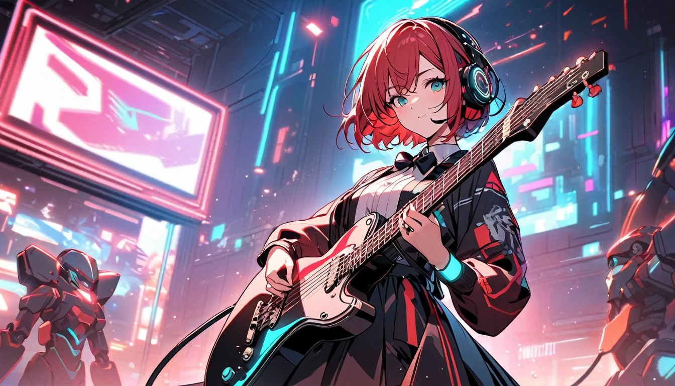 Beautiful girl, single, cool short hair, red hair, glowing wires. Wears a half hat, headphones, bow tie, mixed with sci-fi and neon tones. In the background is a robot with neon lights. The background image is a large robot, clearly visible. ,On stage, playing guitar, wearing a VR helmet.