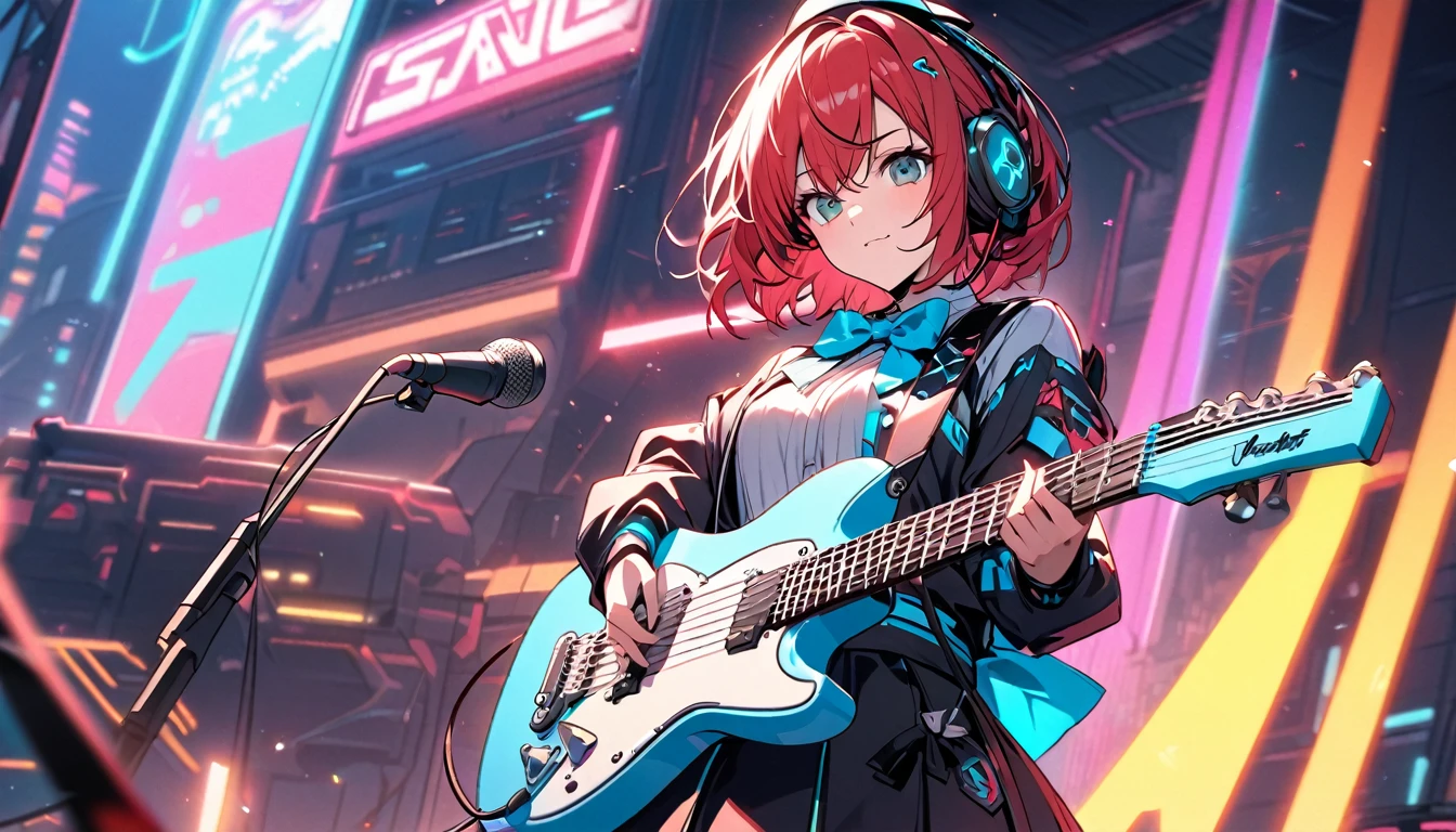 Beautiful girl, single, cool short hair, red hair, glowing wires. Wears a half hat, headphones, bow tie, mixed with sci-fi and neon tones. In the background is a robot with neon lights. The background image is a large robot, clearly visible. ,On stage, playing guitar, wearing a VR helmet.