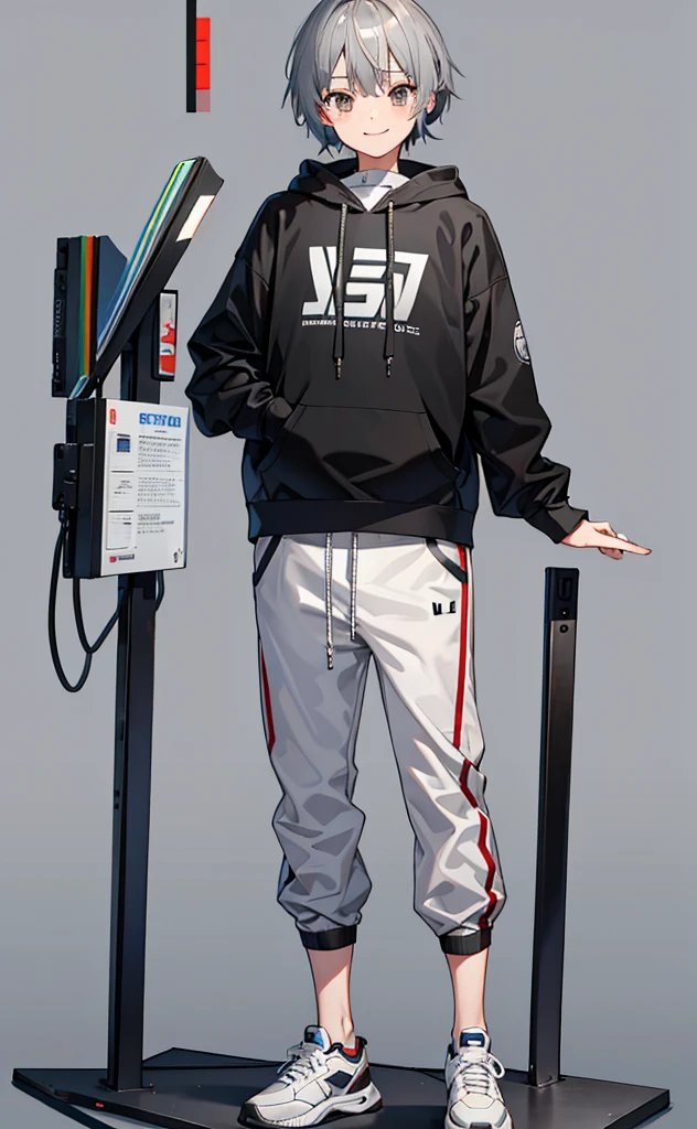 juvenile,Gray hair,Standing,Greet the screen with a smile,whole body。Grey Hoodie,Brown trousers,sports shoes。White background,Technology。