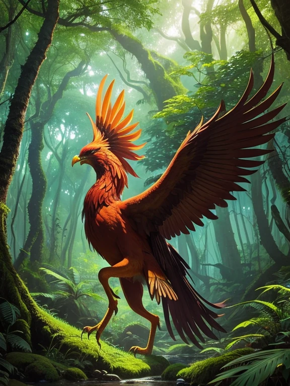 Phoenix in a lush, mythical forest:
Un mythical forest con vibrante flora y fauna, where a phoenix gracefully wanders