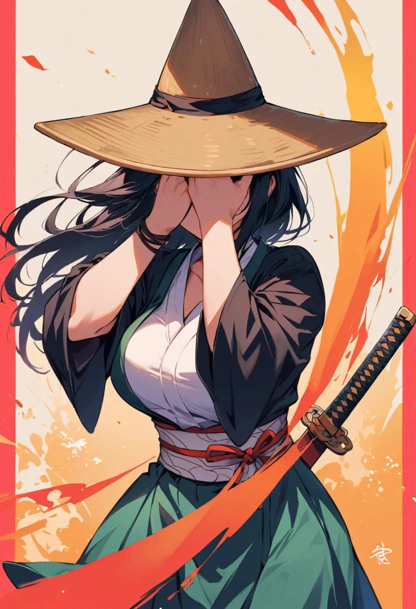 female ronin, wearing a traditional Chinese bamboo hat, the hat covers her face, Sword in both hands, you see the whole body, runs to the spectator, She wears casual clothes, you can see her big breasts