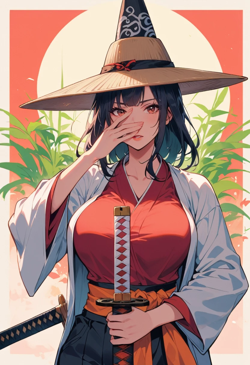 female ronin, wearing a traditional Chinese bamboo hat, the hat covers her face, Sword in both hands, you see the whole body, runs to the spectator, She wears casual clothes, you can see her big breasts