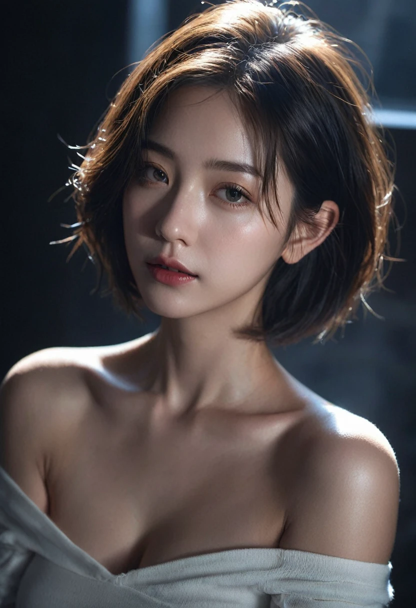 best quality, masterpiece, Ultra-high resolution, (Realistic:1.5), original photo, 1 girl, Off-shoulder, in the darkness, Deep shadows, Low profile, Cold Light, sexy look, short hair,Mix Girl,Yinglaite, Half-length photo,NSFW