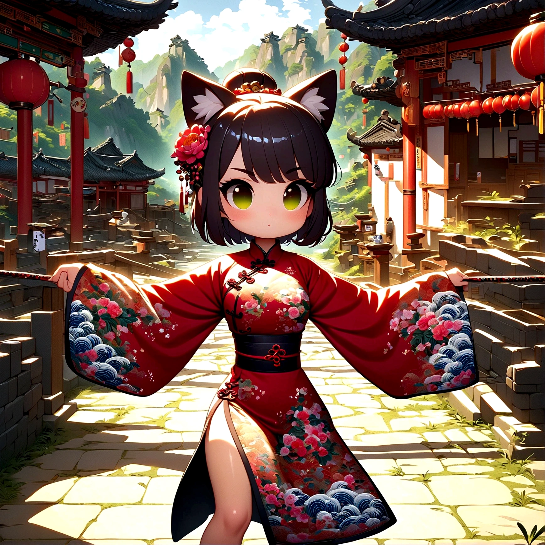(Very detailed CG unity 8k wallpaper), (Very detailed), masterpiece, Highest quality, Japan, short hair, Mid-chest, China dress, Looking at the audience, Thigh Gap,Cat ear,icon