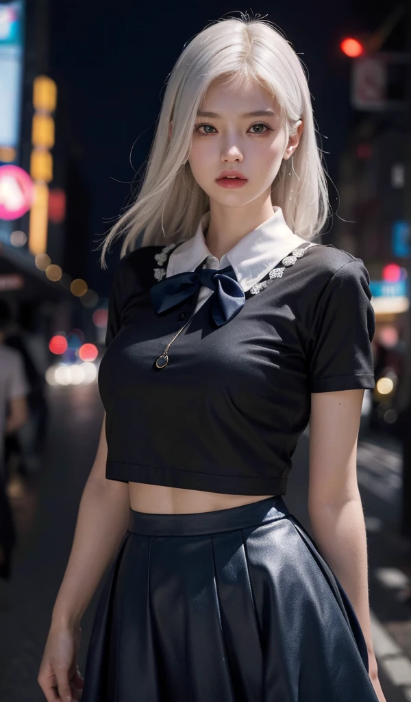 1girl,(8k, RAW photo, best quality, masterpiece:1.3),(realistic,photo-realistic:1.37),(night),(looking at viewer:1.331),(white hair),posing,Tokyo street,nightcityscape, , cyberpunk city,soft light,1girl,extremely beautiful face,bust,put down hands,Random hairstyle,Random expression,big eyes, ,lower abdomen,(short-sleeved
JK_shirt),JK_style,(dark blue JK_skirt) ,(bow JK_tie),,mix4, an extremely delicate and beautiful girl, depth of field, blurry background, blurry foreground,, delicate, beautiful, beautiful face, beautiful eyes, beautiful girl, delicate face, delicate girl,, 8k wallpaper,(best quality:1.12),(detailed:1.12),(intricate:1.12),(ultra-detailed:1.12),(highres:1.12), hyper detailed,ultra-detailed, high resolution illustration, colorful, 8k wallpaper, highres, Cinematic light, ray tracing, (8k, RAW photo, best quality, masterpiece, ultra highres, ultra detailed:1.2), (realistic, photo-realistic:),