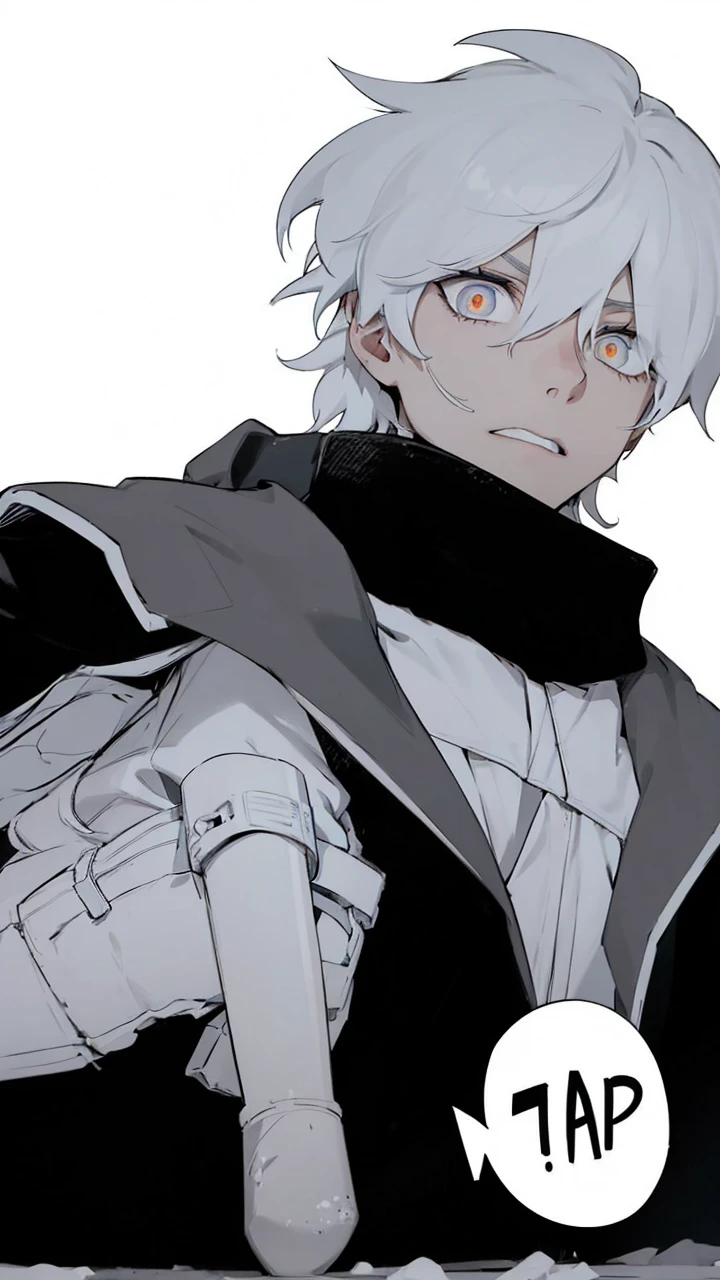 Boy with white hair;
shorth hair;
Messy hair;
eye white;
Some gun sight marks on the pupils;
wear black pants;
black jersey;
A white sweater;
A white scarf;
Snow white pupils The sniper is also white in color There&#39;s a white sniper on the back;


He is lying on the ground aiming with the sniper Right hands Symmetry Best quality No errors 