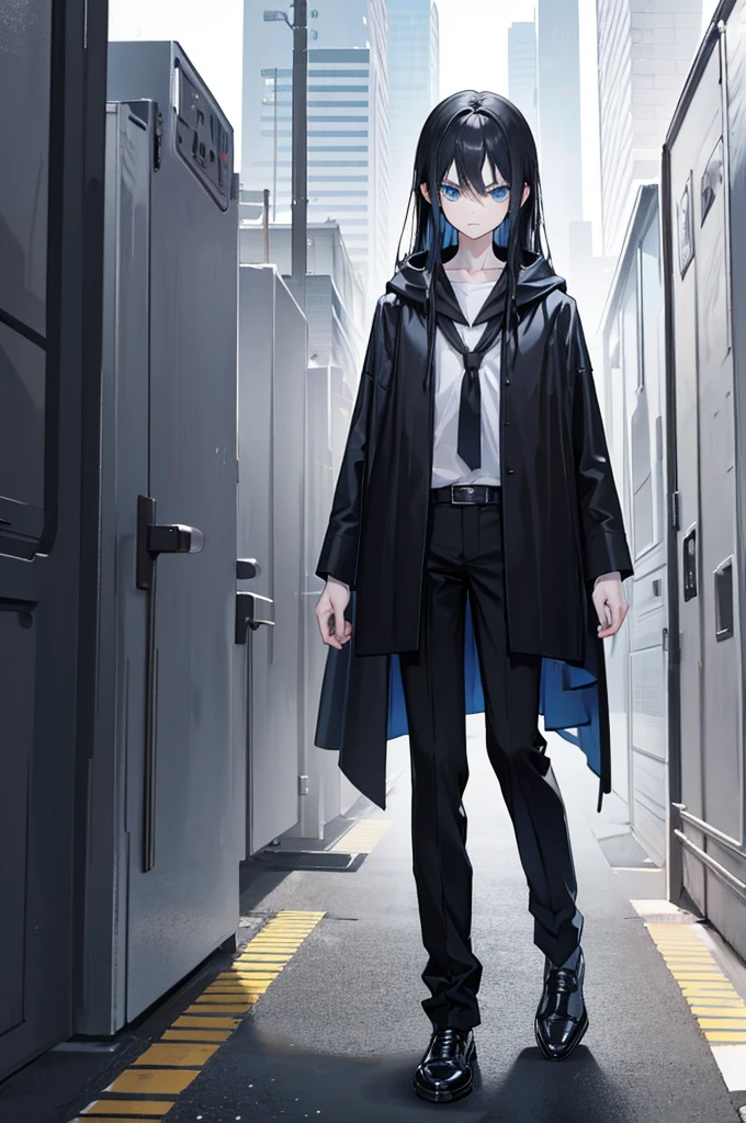  skinny thin age male
height of 5'6
with long black hair and blue eyes
often wears a black robe black pants and grey shoes