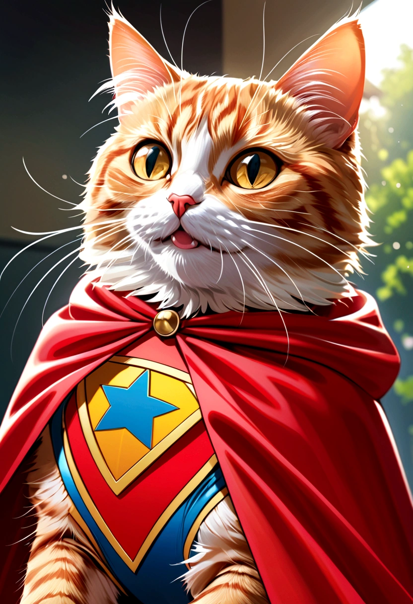A happy cat wearing a superhero cape