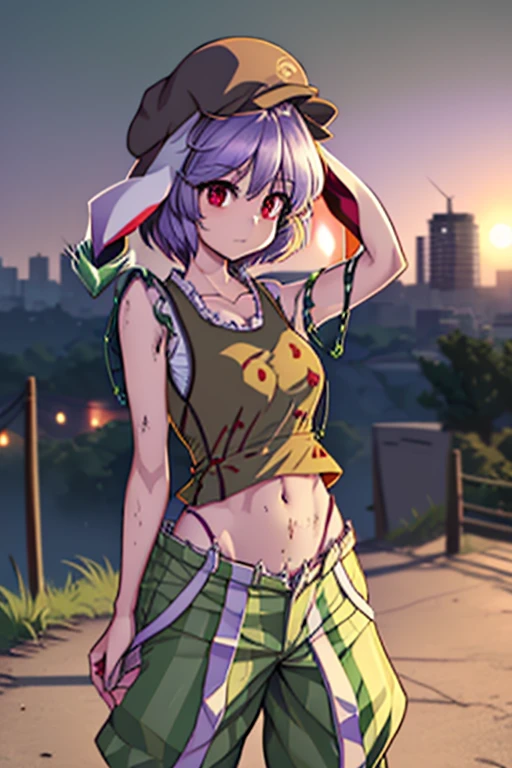 2girls (1girl, Touhou, Reisen Inaba, short hair, light purple hair clolor, red eyes color, female tank top (dirty), tactical pants (military green), rural city background, standing, (wide shot, wider shot)) (1girl, touhou, ringo), full body, distant shot, sun light