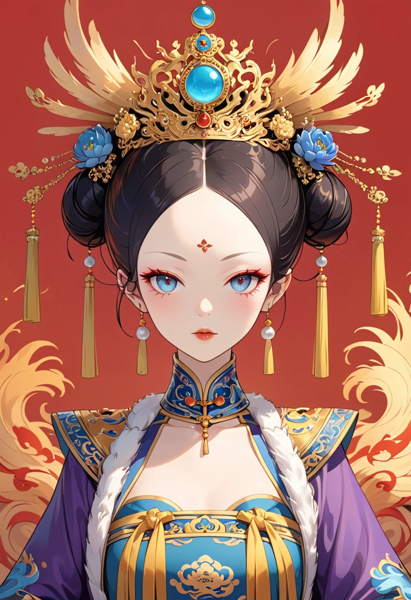 Phoenix Coronet：1.37.Solemn girl portrait，symmetry，Round Face，Bright Eyes，Smooth skin，Red peony headdress，Elegant and luxurious，Wealth，Gorgeous black and gold costumes，Chinese Qing Dynasty flag costumes,Selfish,Chinese Emperor，High bun，Gorgeous golden crown，tassel，palace，Clean background，(((Wu Zetian，Empress)))，Pearl tassels，Pearl Makeup，Red background，Domineering sitting posture，Long legs
