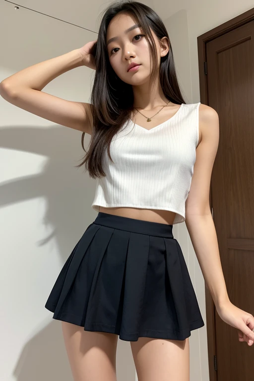 Teen, blouse, Skirt short, asian, slender figure, Belly-free, 