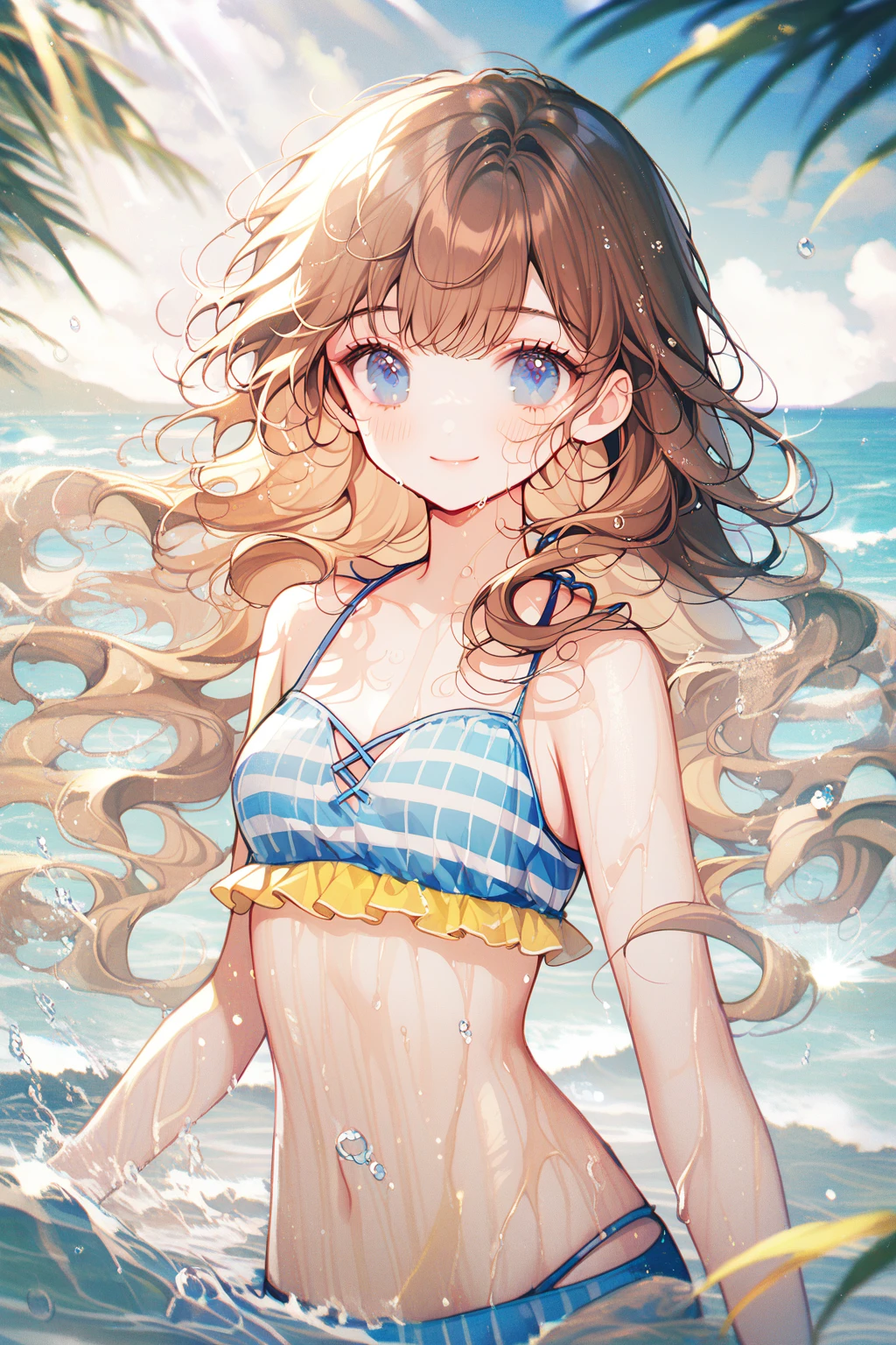 by ttosom, 1 girl, CuteStyle, upper body, blue eyes, brown hair, long hair with bangs, dressed in a bikini, striped bikini with yellow and blue, standing on the seashore, water, splashing water, drops of water, flowing hair, day, light, rays of the sun, sand, detailed, beautiful, medium chest, neckline, looks at the viewer, smile, blush, wet body, dynamic, gentle tones