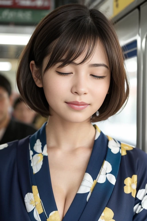 masterpiece、Highest quality、High resolution、Tabletop、wallpaper、Realistic、Bright lighting、Professional Lighting、Face Light、Smooth lighting、Japanese women、Adult female、Beautiful woman、、Modeled、gravure、sexly、so beautiful、Beautiful Skin、Beautiful and exquisite、Detailed face、slim、Large Breasts、Cleavage 、short hair、Brunette colored hair、Brown eyes、Japanese Kimono、Japanese Yukata、(Eyes closed:1.5)、(Expression of enduring pain:1.5)、(Expression of enduring pain:1.5)、In a crowded train、The man is in front of the woman、He has his face close to the woman's chest、