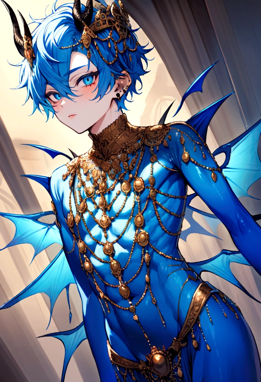 A small male demon, covered in body jewelry and sexy clothes, male, favorite color is blue, twink