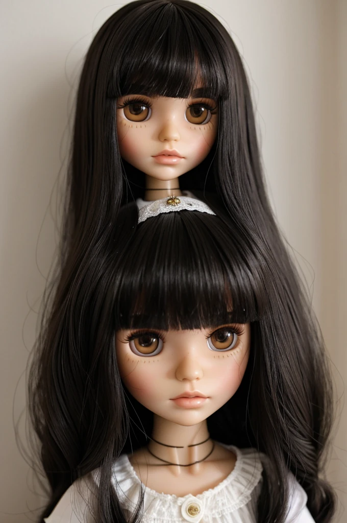 Blythe doll brunette with bangs and medium long black hair, long eyelashes, beautiful.