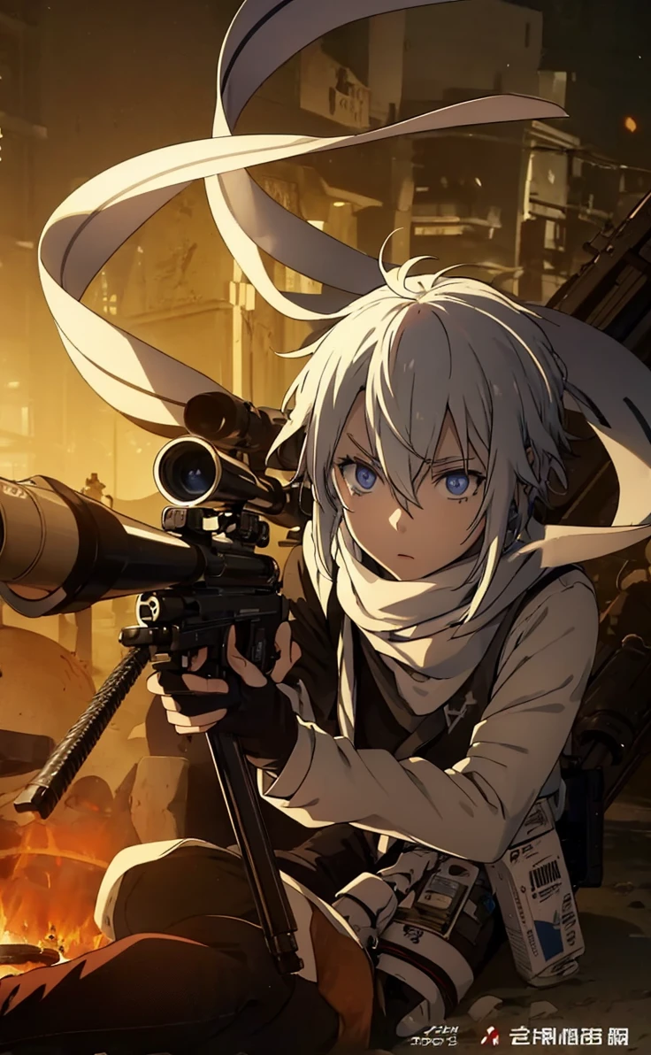 Boy with white hair;
shorth hair;
Messy hair;
eye white;
Some gun sight marks on the pupils;
wear black pants;
black jersey;
A white sweater;
A white scarf;
Snow white pupils The sniper is also white in color There's a white sniper on the back;
He is lying on the ground aiming with the sniper Right hands Symmetry Best quality No errors