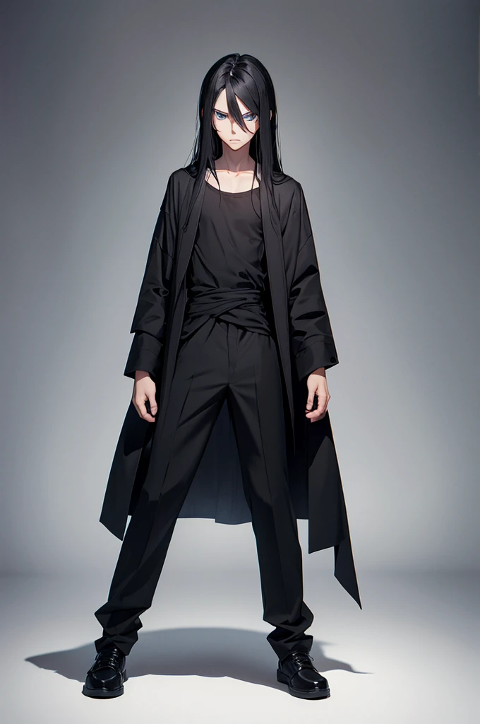  skinny thin teenage male
height of 5'6
with long black hair and blue eyes
often wears a black robe black pants and grey shoes