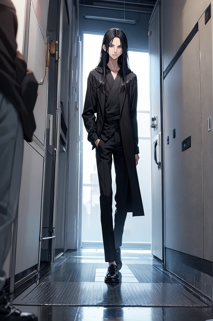 skinny thin teenage male
height of 5'6
with long black hair and blue eyes
often wears a black robe black pants and grey shoes