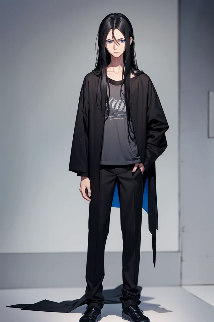  skinny thin teenage male
height of 5'6
with long black hair and blue eyes
often wears a black robe black pants and grey shoes