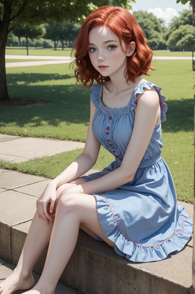 red wavy bob hair, one teen girl, pale skin, blue eyes, short frilled peach color dress, barefoot, in the park, sitting portrait