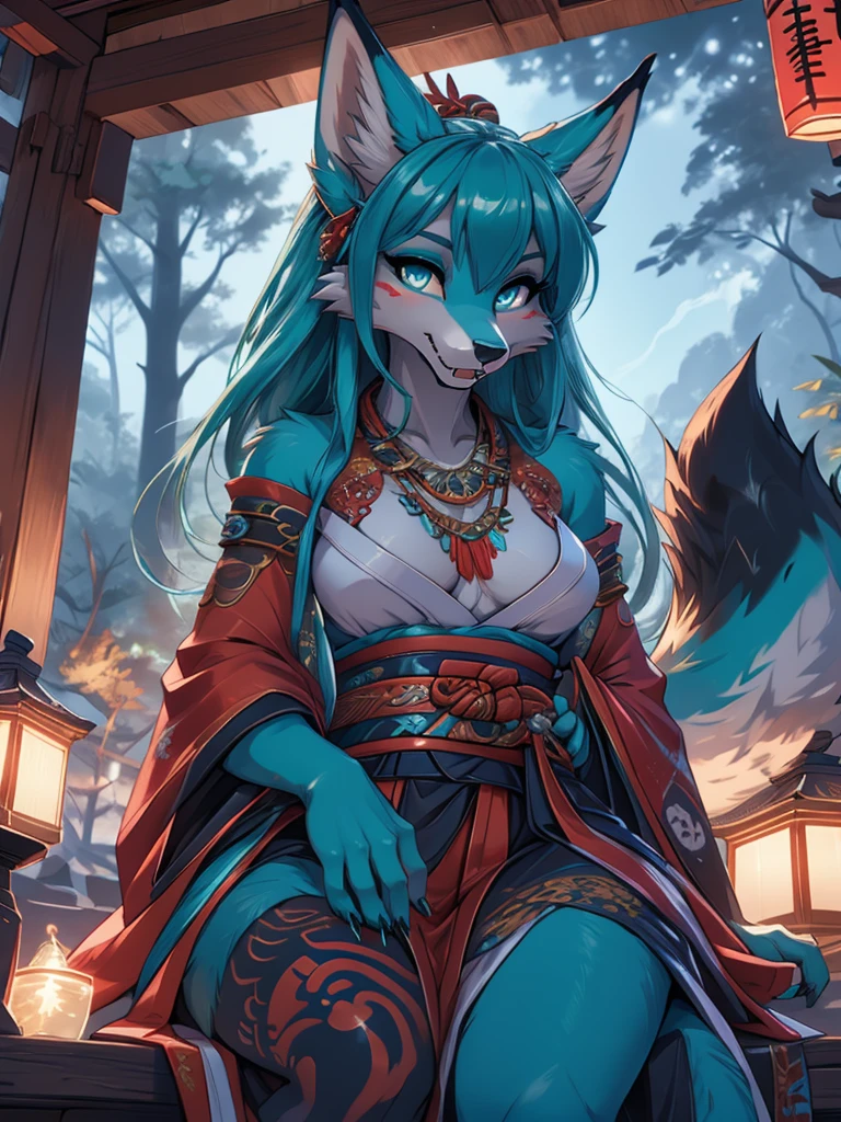Miku Hatsune x vixen high definition good anatomy add_detail:1, blue fur,kitsune ears, tribal tattoo add_detail:1, cute girl add_detail:1, feudal priestess clothing add_detail:1, japanese shrine landscape add_detail:1, japanese shrine costume add_detail:1, add_detail:1, full body add_detail, highly detailed face, deep aqua iris add_detail:1 lighting eyes add_detail:3, wolf claws, sharp fangs add_detail:1, wild slut add_detail:1
