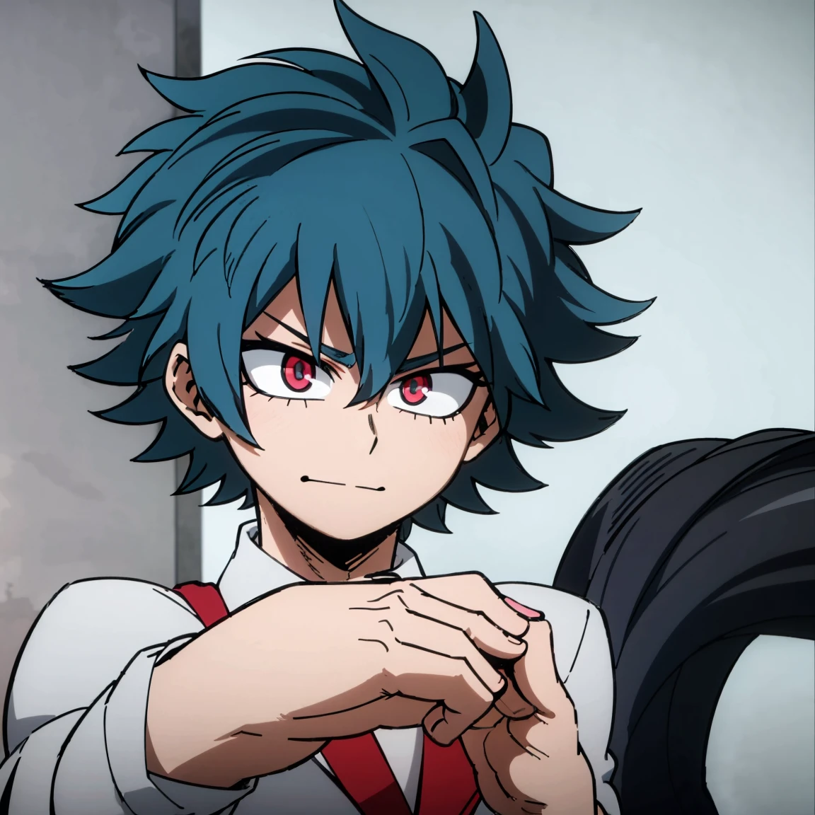 1boy, male focus, solo, muscular body, short hair, messy hair, blue hair, dark blue streaks, pink eyes, smirk, gray jacket, red tie, white shirt, teal pants, mlpsonata, MHA Style, Manhwa style, anime style, perfect eyes, perfect face, model face, boy