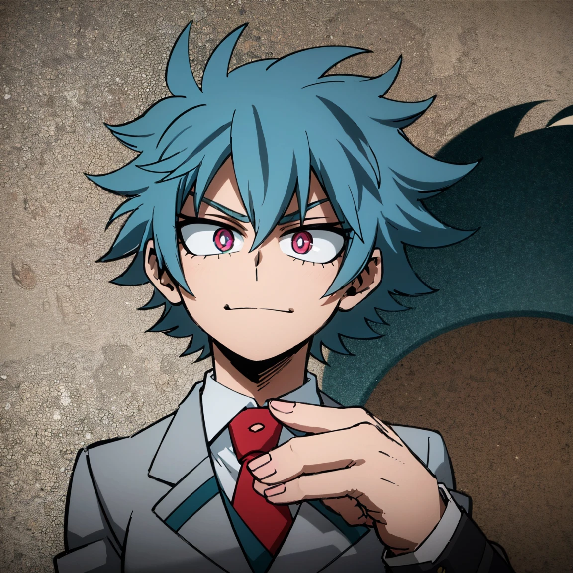 1boy, male focus, solo, muscular body, short hair, messy hair, blue hair, dark blue streaks, pink eyes, smirk, gray jacket, red tie, white shirt, teal pants, mlpsonata, MHA Style, Manhwa style, anime style, perfect eyes, perfect face, model face, boy