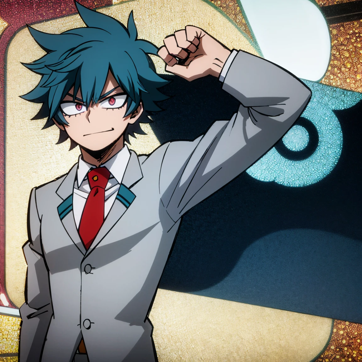 1boy, male focus, solo, muscular body, short hair, messy hair, blue hair, dark blue streaks, pink eyes, smirk, gray jacket, red tie, white shirt, teal pants, mlpsonata, MHA Style, Manhwa style, anime style, perfect eyes, perfect face, model face, boy