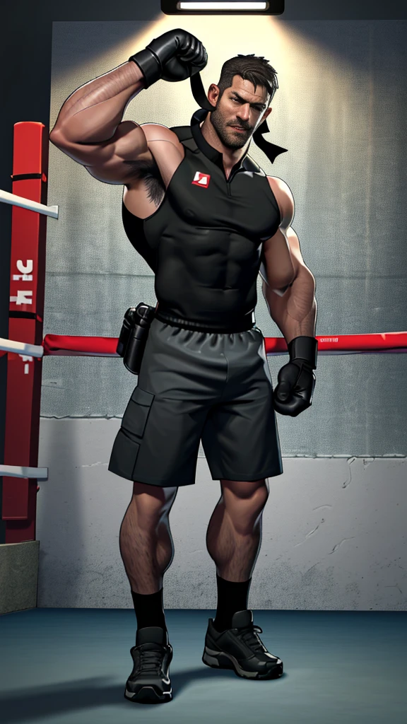1 person, alone, 40 years old, chris redfield, A Handsome Man, boobgasm show, (Inspired by the street fighting universe) (best quality,lifelike),(dark,feels) Hole-punch camera！（Tyndall light effect！）（Cinema lighting）,3d! one person,detailed black eyes, smaller head！A tall French and German man poses in the boxing ring！Perfect red boxing gloves！punching for camera！, Wearing boxing match shorts。dark skin., （（Very much！））, （（Eyes full of ferocious expression！））Handsome male, Handsome chad chin, Handsome and attractive, Handsome and elegant, Handsome man, sexy masculine, masculine and Handsome, , Handsome, attractive pose, attractive male, attractive man,40-year-old man！Lift your little head，Cominan in boxing shorts and red boxing gloves（full body portrait！)）Showing off his hairy breasts。（Show hairy breasts），），(short beard），Wear boxer！Big hairy uncut dick, Show hairy breasts），)，(Using short beard，）headspace！Charming and serious look，（Handsome man，perfect body anatomy，Beautiful man face detail，perfect feet，perfect hands！frontal shot！！hairy breasts, giggle, Shoulders white，bsaa logo on shoulder, military tactical uniform, tall and strong, wearing black socks, sock fetish, do not wearing any shoes, biceps, abdominal muscles, boobgasm, best quality, masterpiece, high resolution:1.2, upper body shot, Dark black gloomy corridor in the background, Detailed face, shadow, Volumetric lighting, central focus, low camera angle