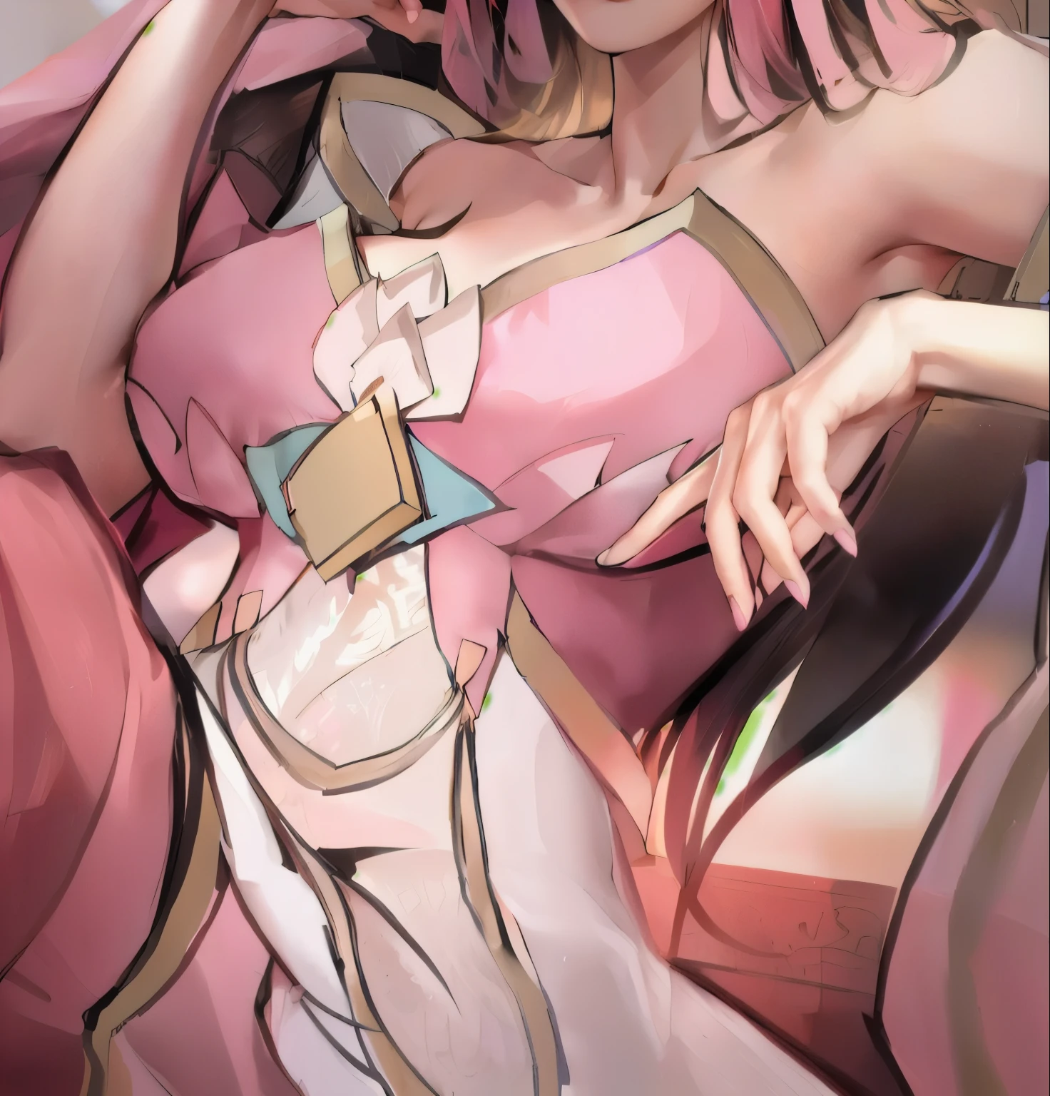 Anime girl in a pink dress sitting on the sofa,Hands on head, extremely detailed Atjem, Kushat Krenz Key Women in Art, Additional Details, krenz cushart and Atjem, Atjem. High Detail, Atjem detailed, Qatar, ( ( Extremely detailed ) ), Very detailed and beautiful fan art