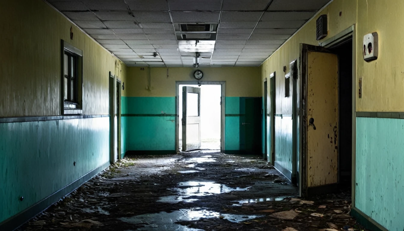 entrance to the old hospital, abandoned, rotting, triage center, sinister, macabre environment