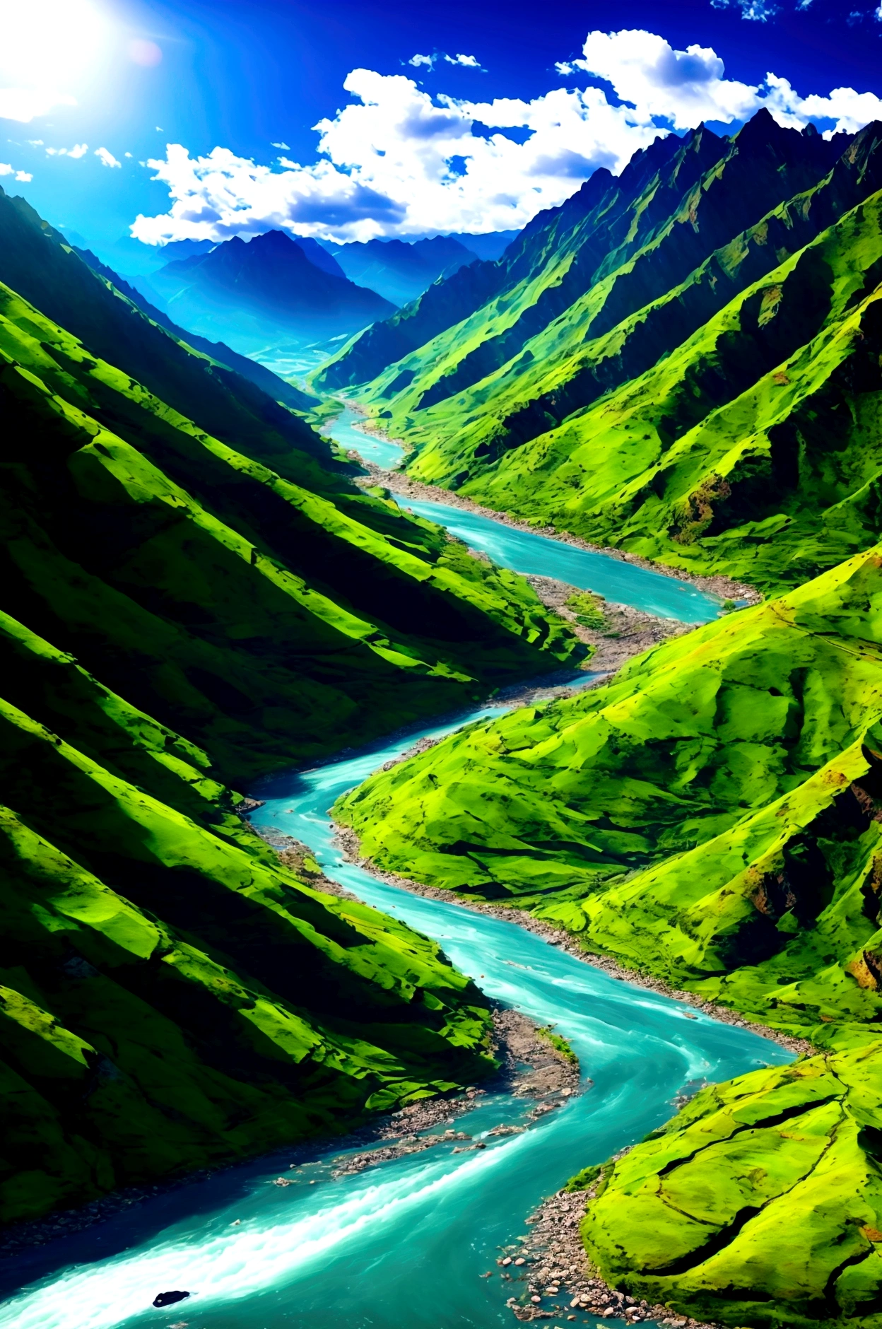 mountains river birds