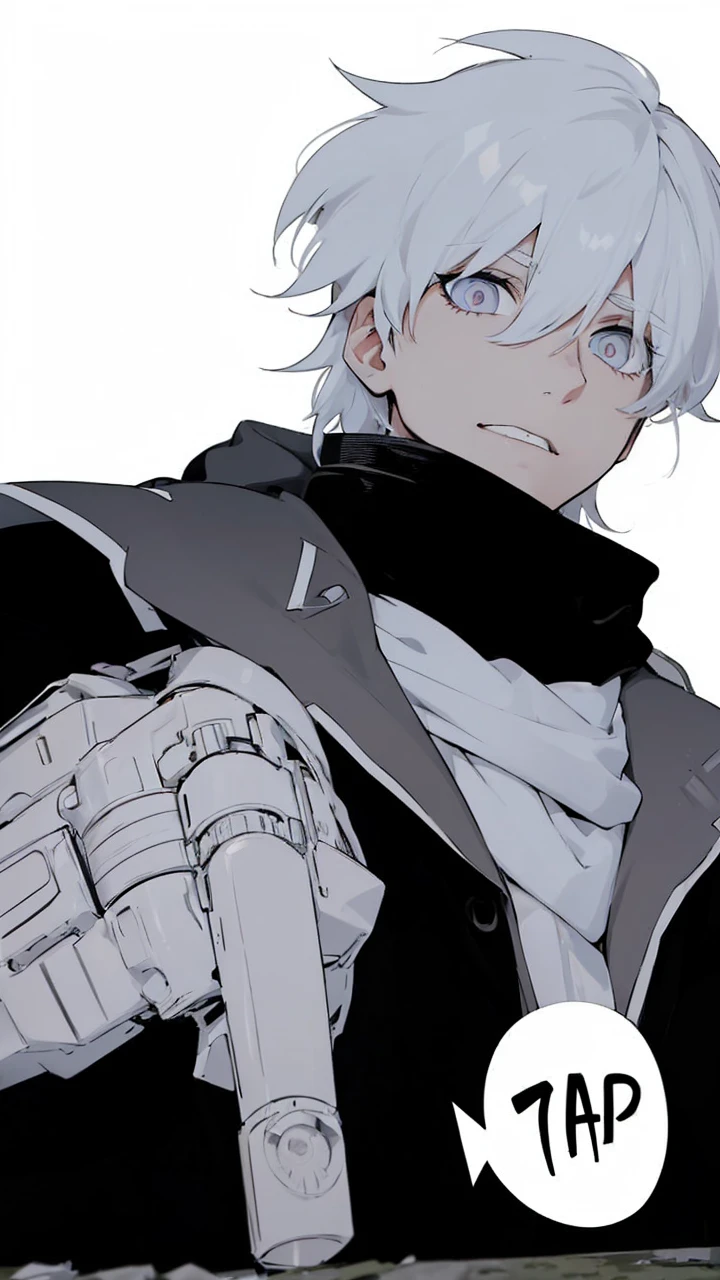Boy with white hair;
shorth hair;
Messy hair;
eye white;
Some gun sight marks on the pupils;
wear black pants;
black jersey;
A white sweater;
A white scarf;
Snow white pupils The sniper is also white in color There's a white sniper on the back;
He is lying on the ground aiming with the sniper Right hands Symmetry Best quality No errors