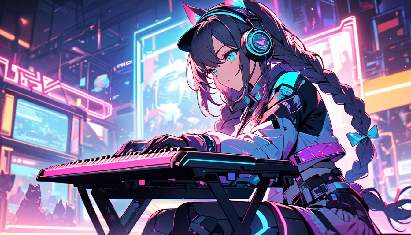 Beautiful 1, single, girl with braids, hair with glowing wires Wears a half hat, headphones, cat ears, mixed with sci-fi and neon tones. In the background is a robot with neon lights. The background image is a large robot, clearly visible. ,on stage, playing keyboard