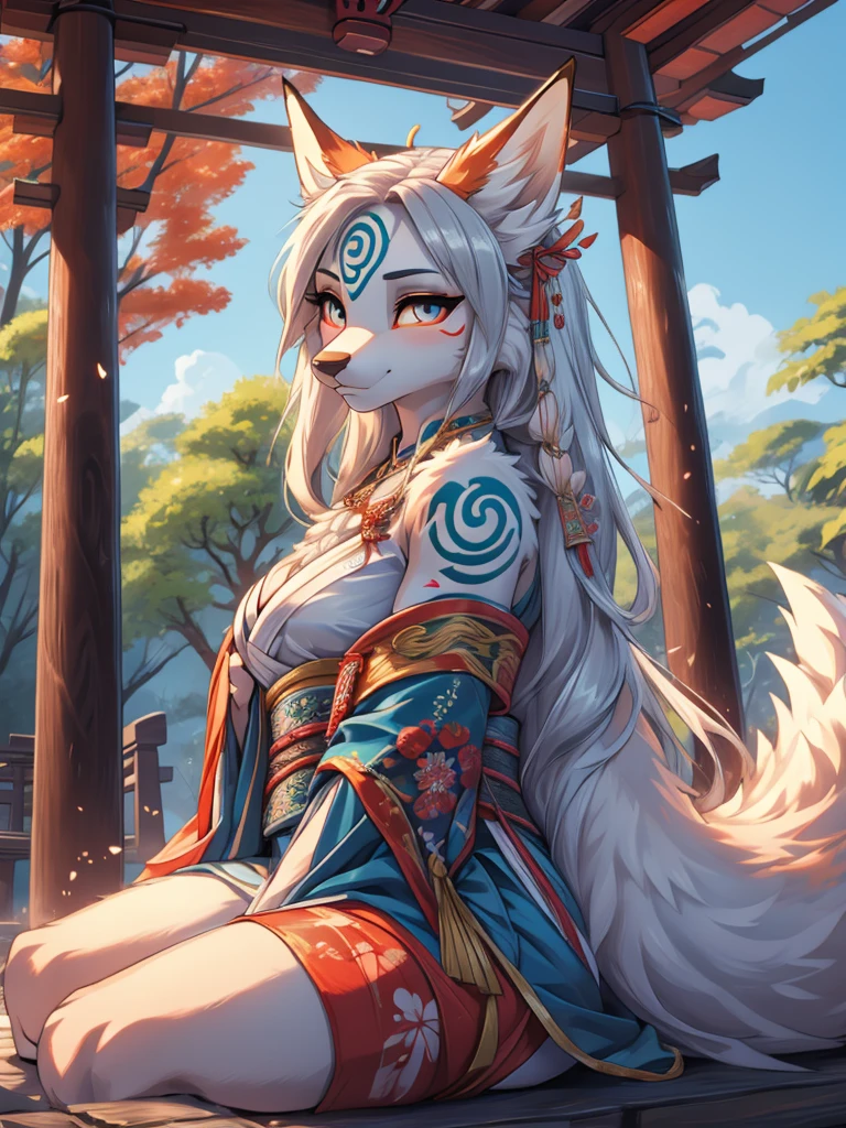 Amaterasu okami high definition add_detail:1, blue fur,kitsune ears, tribal tattoo add_detail:1, pretty girl add_detail:1, feudal priestess clothing add_detail:1, japanese shrine landscape add_detail:1, japanese shrine costume add_detail:1, add_detail:1, full body add_detail, highly detailed face, deep aqua iris add_detail:1