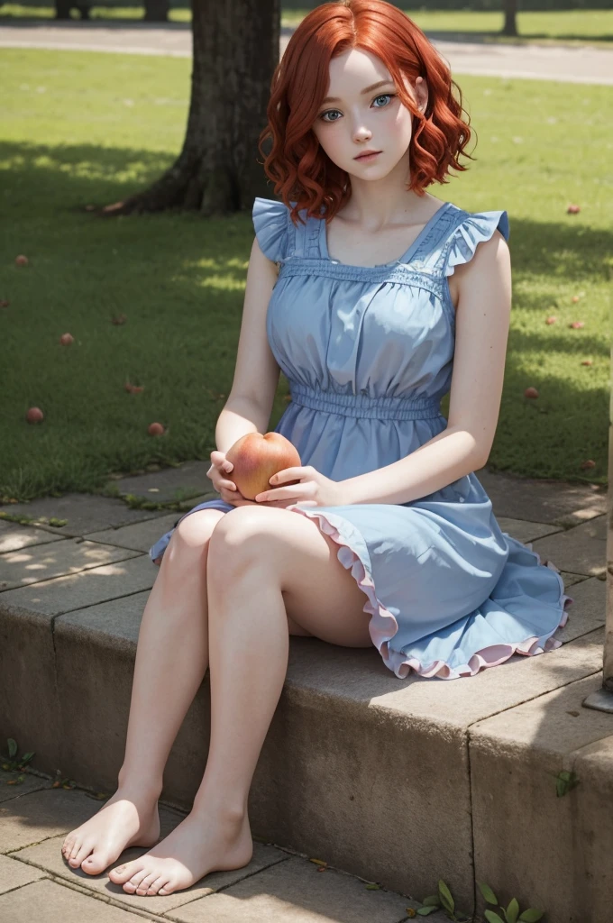 red wavy bob hair, one teen girl, pale skin, blue eyes, short frilled peach color dress, barefoot, in the park, sitting portrait
