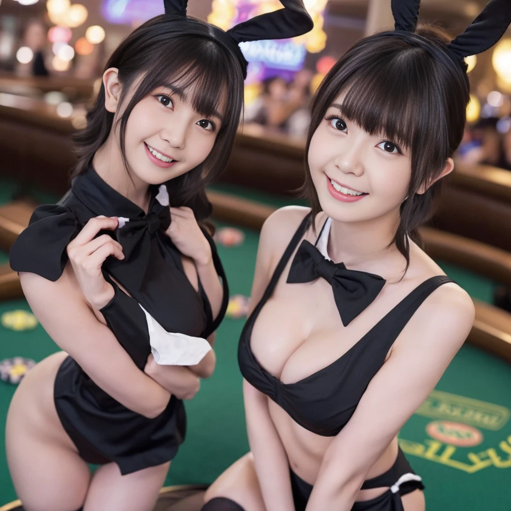(Playboy Bunny、Bunny girl、Black rabbit-eared headband、Black high leg bikini、Black knee-high socks、Sleeveless、A bow tie、Ass、Black Hair、Big Ass、Inside the casino)、Extremely sexy、smile、Professional Lighting、Small waist、Beautiful adult woman、Captivating thighs、Very large breasts、Cleavage、Are standing