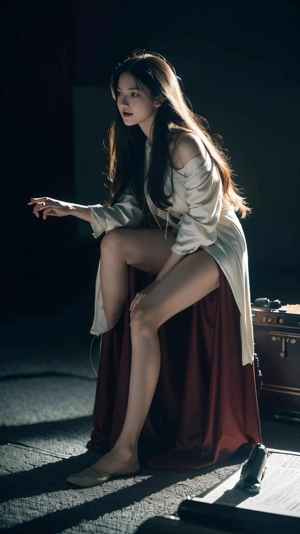 ((For the world，You may be alone，But for someone，You could be the whole world, paradox, Adrian Genius, Jenny Savile, Edward Hope, The Dark Arts of James Jean, Takato Yamamoto)),(RAW photos, best quality), ((Nostalgia,1980s Style)),(A girl with a literary atmosphere:1.2),(Practical, photo-Practical:1.3), Extremely refined, Astonishing, Fine details, masterpiece, Extremely detailed, high resolution,Best Illustration Award, The best shadow,complex,Depth of Field,1 Girl,(Long legs:1.4),Long hair,Messy hair,((((Low profile,Dark scenes,Dark)))),fat,(((Soft lighting:1.4))),(Pale skin:1.4),(Shy laugh),(angle),Clear focus, Volumetric Fog, 8K Ultra HD, Digital SLR Camera, high quality,( Film Grain:1.4), Fuji XT3,(Looking at the audience)