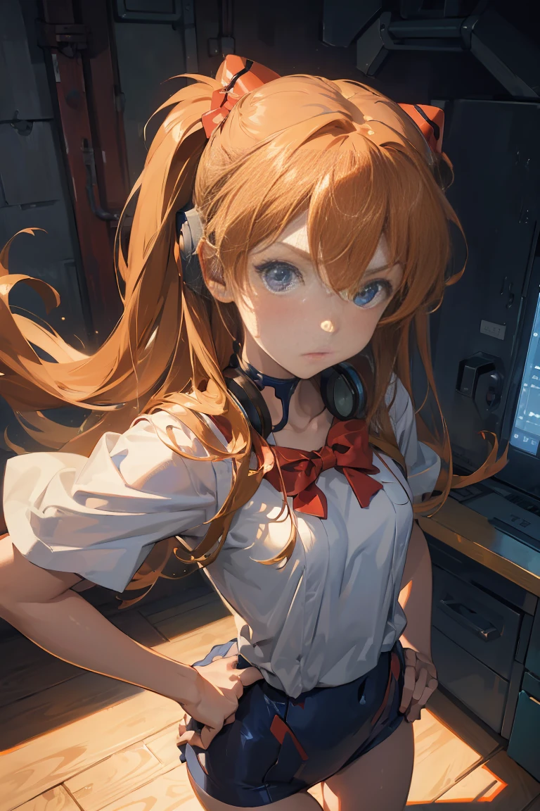 (Masterpiece), Best Quality, expressive eyes, Perfect face, 1 girl, Alone, souryuu asuka langley, interface headphones, Red bow, hands on the hips, standing, raised hand, pointing at the viewer, laboratory background, portrait, looking at the viewer, From above