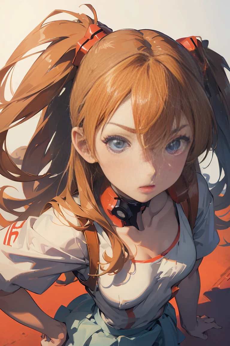 (Masterpiece), Best Quality, expressive eyes, Perfect face, 1 girl, Alone, souryuu asuka langley, interface headphones, Red bow, hands on the hips, standing, raised hand, pointing at the viewer, laboratory background, portrait, looking at the viewer, From above