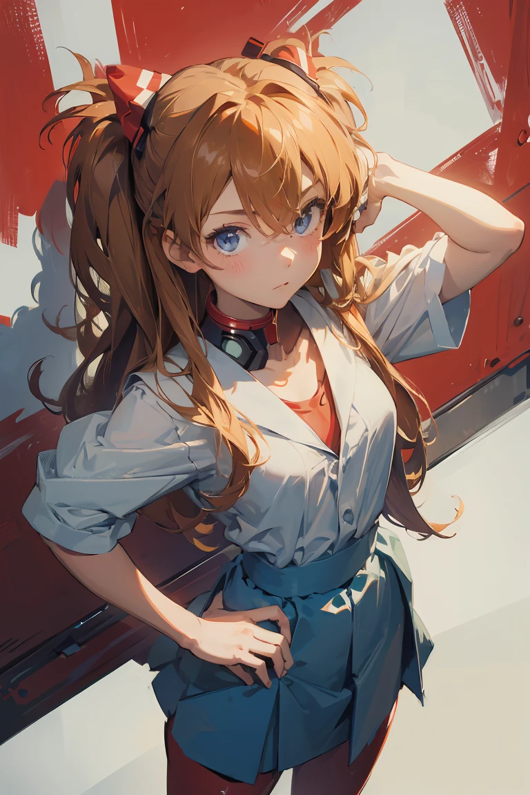 (Masterpiece), Best Quality, expressive eyes, Perfect face, 1 girl, Alone, souryuu asuka langley, interface headphones, Red bow, hands on the hips, standing, raised hand, pointing at the viewer, laboratory background, portrait, looking at the viewer, From above